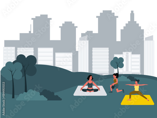 People practicing yoga and exercise in a city park often used for related to healthy lifestyle, wellness, and outdoor activities. Modern urban life vector illustration. Flat illustration concept.