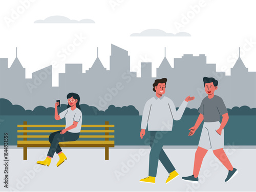 People in a city park setting shows three individuals outdoors with a city skyline in the background. Modern urban life vector illustration. Flat illustration concept.