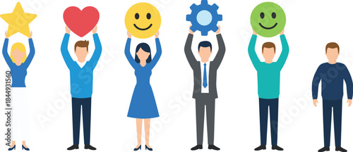 Customer satisfaction concept illustration, diverse people holding rating icons, smiley faces, feedback symbols, service quality evaluation, user experience design