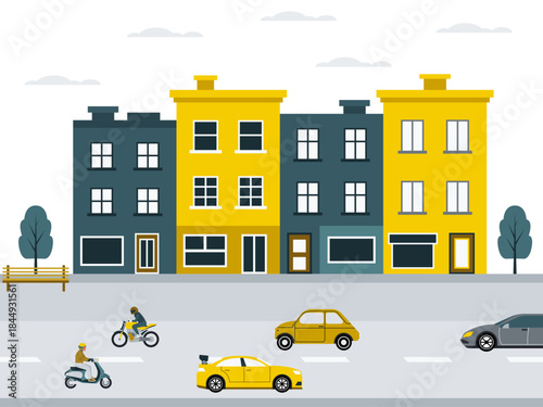 Vehicles, including cars and motorcycles, are driving on the street public in a town or city. Modern urban life vector illustration. Flat illustration concept.