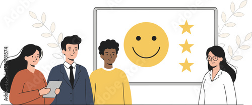 Customer satisfaction survey illustration, diverse team reviewing feedback, smiley rating board, business evaluation concept, positive workplace experience, flat vector design