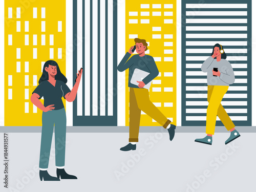 Three people walking in a city environment. Modern urban life vector illustration. Flat illustration concept.