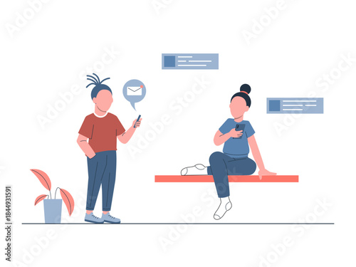 Two people are having a conversation using the translation feature in the application. Generation Z vector illustration. Flat illustration concept.