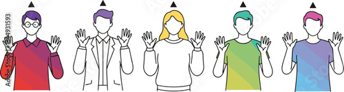 Diverse group illustration, raised hands, teamwork concept, inclusion symbol, people selection, identity metaphor, community unity, stylized characters, conceptual diversity