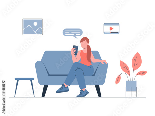A young woman sits on a comfortable sofa at home holding a phone. Generation Z vector illustration. Flat illustration concept.