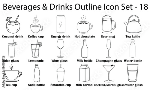 Beverages and Drinks Outline Vector Icon Set for Food, Cafe, and Menu Design