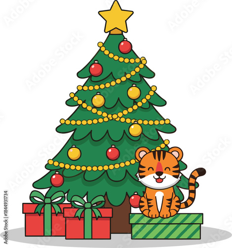 Adorable cartoon tiger cub celebrating the New Year and Christmas holidays, sitting cheerfully on a wrapped present next to a brightly decorated evergreen tree and festive gifts.
