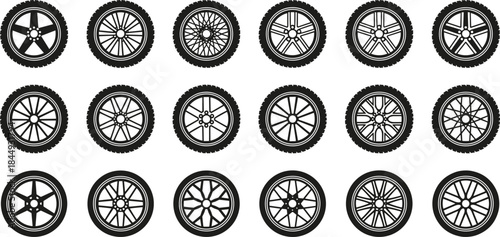 Car wheel rim collection, automotive alloy wheel icons, tire designs set, vehicle rim silhouettes, vector illustration pack, white background