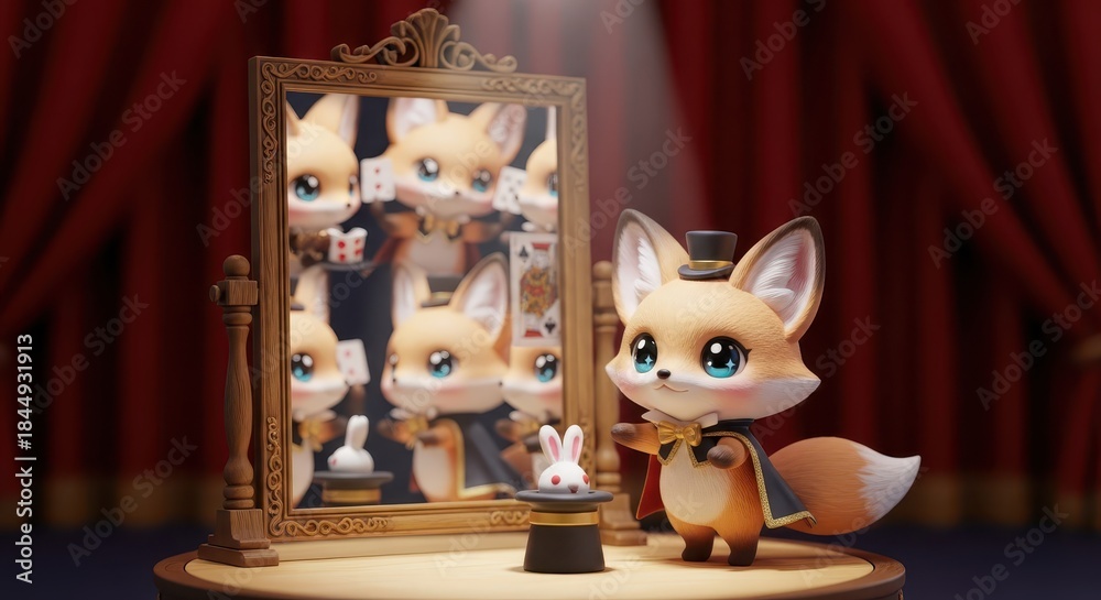 Obraz premium Adorable fox magician presents a rabbit emerging from a hat beside an ornate mirror