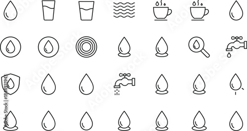 Minimal water drop line icons set, blue outline hydration symbols for plumbing, purity, liquid, beverage, environmental design, vector, modern, collection