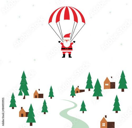 Cartoon illustration of Santa Claus landing in a winter wonderland scene with pine trees and rustic houses, ready to deliver presents in a charming holiday vector design.