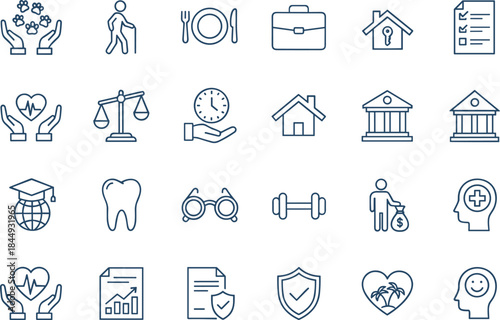 Public service icons, healthcare symbols, legal aid, housing support, financial assistance, education access, lifestyle services, senior care, pet welfare, community resources