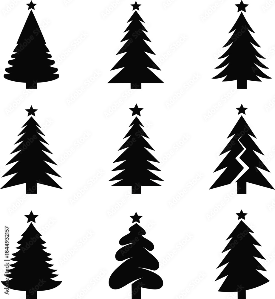 Fototapeta premium Collection of nine stylized black Christmas tree silhouettes with star toppers, presenting a variety of shapes for simple seasonal graphics, icons, logos, and festive winter design elements.