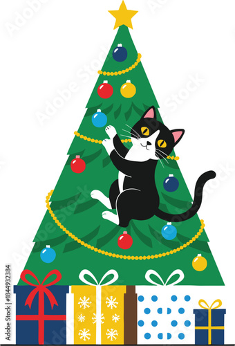 Playful tuxedo cat climbing a brightly decorated Christmas tree, surrounded by colorful ornaments and several wrapped gifts below in a cute and mischievous holiday vector illustration.