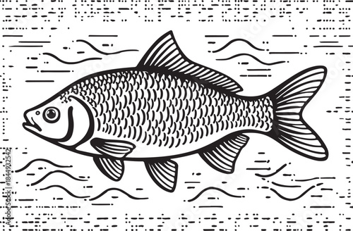 Black and white line art illustration of a carp or scaled fish swimming