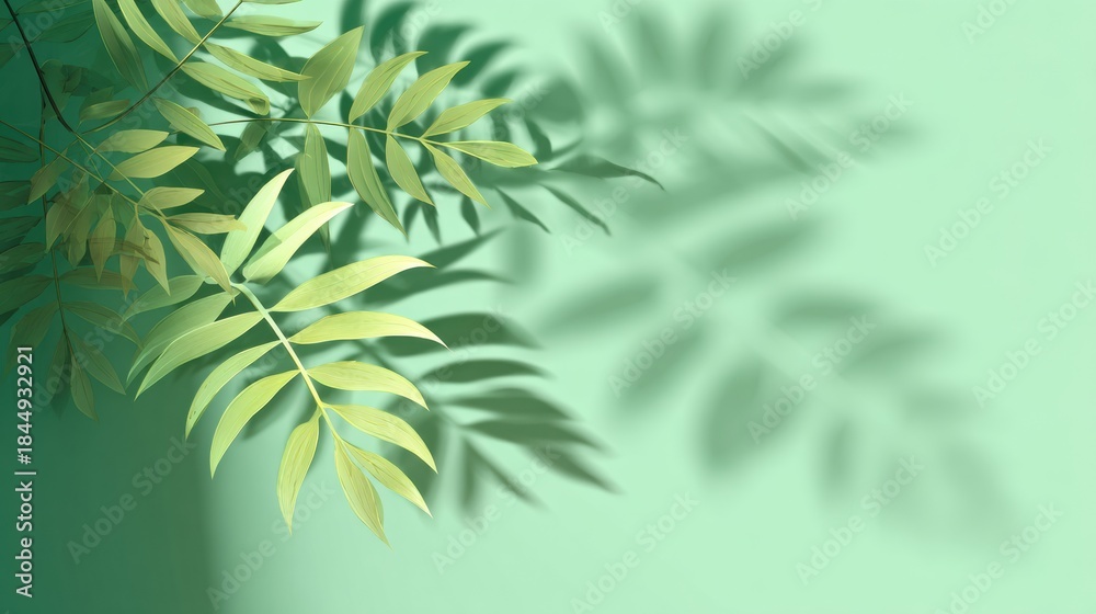 Fototapeta premium Soft Green Gradient Background Shows Shadow of Leaves, Highlighting Natural Elements at a Calm Time of Day