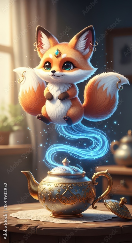 Obraz premium Adorable floating spirit fox emerges from an ornate metal teapot.