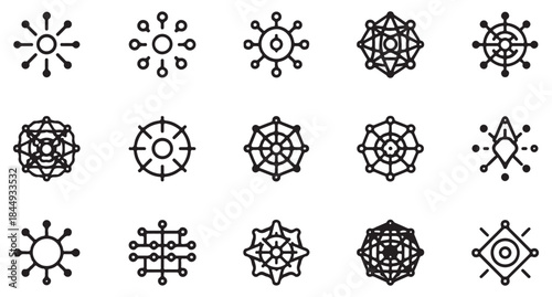  Collection of fifteen unique geometric snowflake mandala doodle icons silhouette