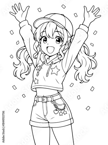 Joyful Anime Character: A spirited anime-style girl radiates happiness, with arms uplifted in a gesture of pure glee, inviting viewers to share in the infectious positivity.