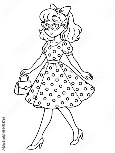 Dashing Diva: An illustrated woman strides confidently, adorned in a polka-dotted dress, stylish glasses, and carrying a chic handbag. A portrayal of retro charm and elegance.
