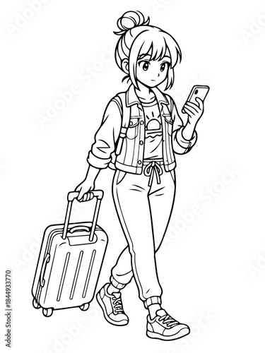 Traveler's Journey: A youthful traveler embarks on an adventure, holding a smartphone in one hand and pulling a suitcase in the other. Her backpack suggests readiness for exploration.