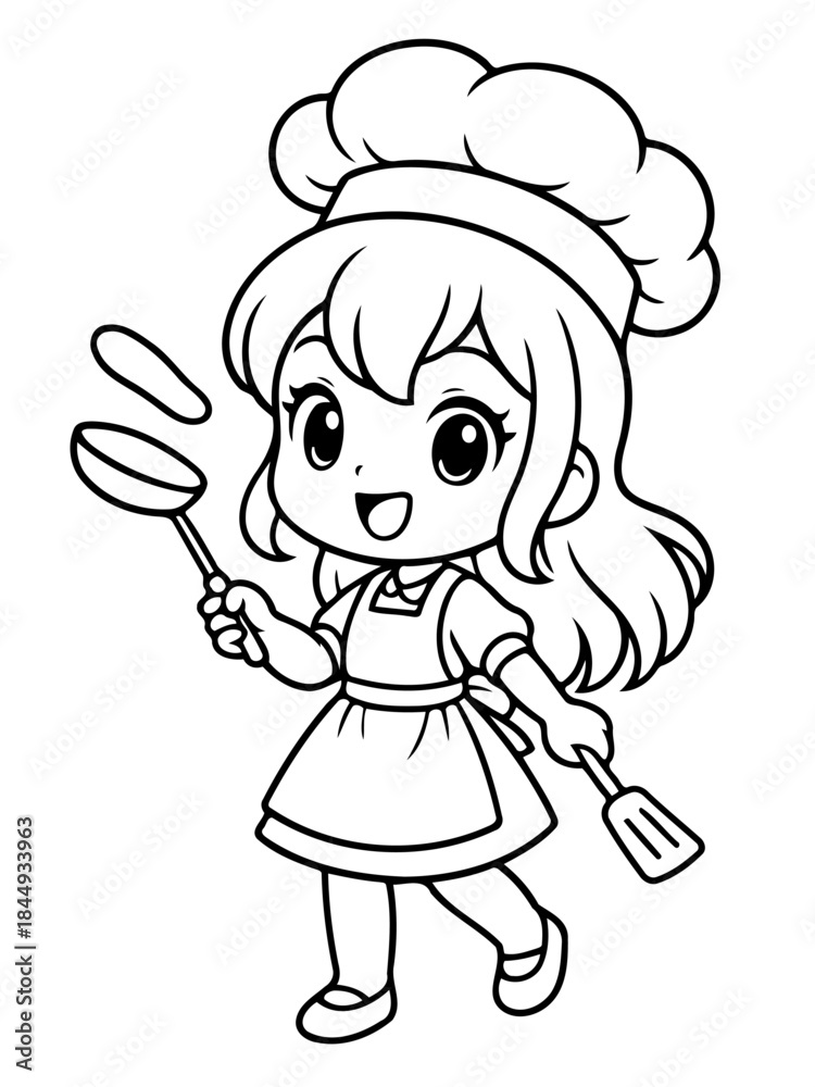 Obraz premium Pancake Chef: A delightful cartoon illustration shows a cheerful female chef tossing a pancake high in the air, embodying the essence of culinary skill and joyful cooking.