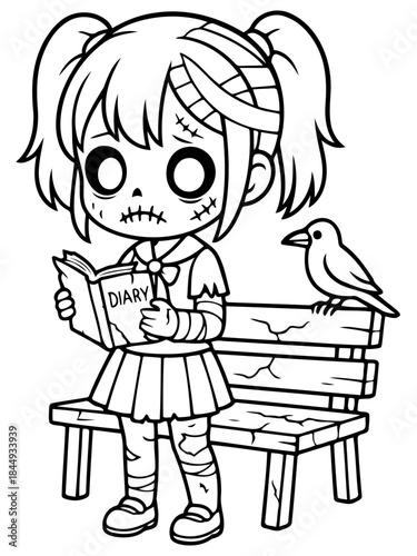 Undead Diary: A black-and-white illustration of a manga-style zombie girl, bandages adorning her, absorbed in reading a diary on a wooden bench, with a crow nearby.