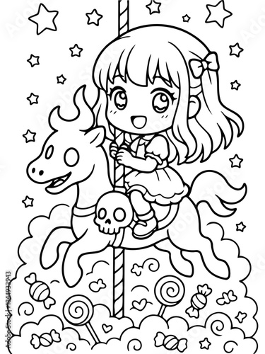 Charming Carousel Ride: A delightful scene of a young person with sparkling eyes and flowing hair happily riding a whimsical carousel horse. The image radiates joy, creating a feel of pure bliss.