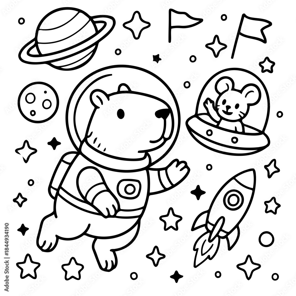 Obraz premium Celestial Friends' Adventure: An adorable bear, clad in a space suit, journeys through the cosmos alongside a cheerful mouse in a flying saucer, embarking on an interstellar exploration.