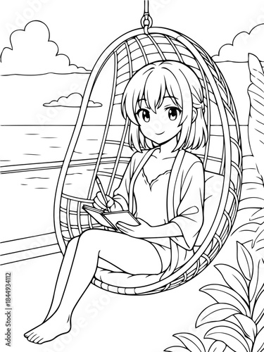 Serene Sketching in the Balcony: A young woman finds solace on a sunny balcony, lost in the artistic realm as she fills her sketchbook with her unique creativity.