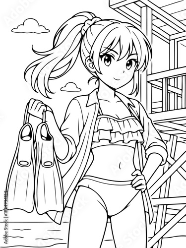 Summer Ready: An anime-style illustration of a girl in swimsuit, holding flippers standing in front of lifeguard tower, embodying the joyful spirit of summer adventures.