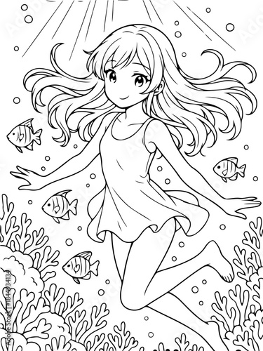 Dive into a Watercolor Dream: a captivating illustration of a girl in a swim suit amidst an underwater scene with fish and coral, all in the art style of a coloring book. 