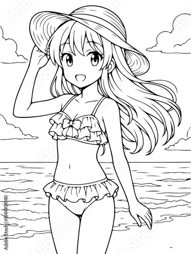 Joyful Summer: A radiant young lady, wearing a delightful sunhat and a stylish swimsuit, strides along the seaside, basking in the sun's warm embrace. 