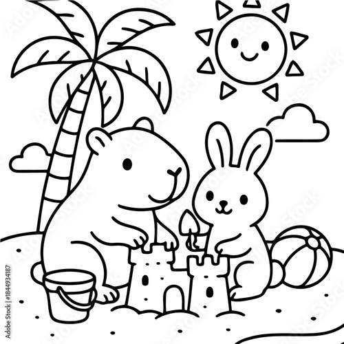 Summer Fun with Friends: A delightful scene unfolds on a sunny beach as a capybara and bunny collaborate to build a sandcastle, basking in the joy of friendship.