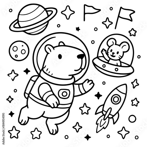 Celestial Friends' Adventure: An adorable bear, clad in a space suit, journeys through the cosmos alongside a cheerful mouse in a flying saucer, embarking on an interstellar exploration.