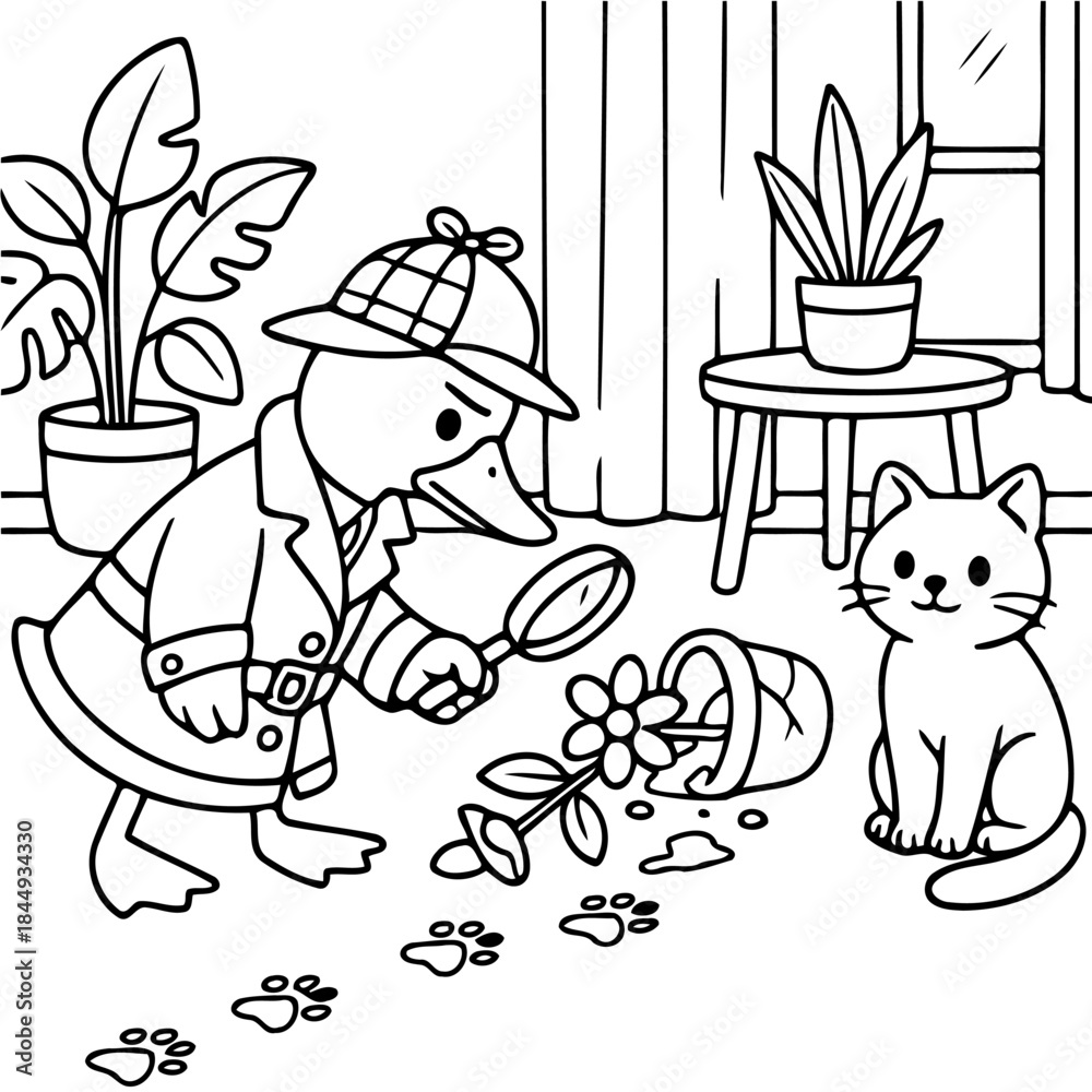Obraz premium Detective Duck's Investigation: A cartoon detective duck meticulously examines the scene of a floral mishap, aided by a magnifying glass, while a curious cat observes.