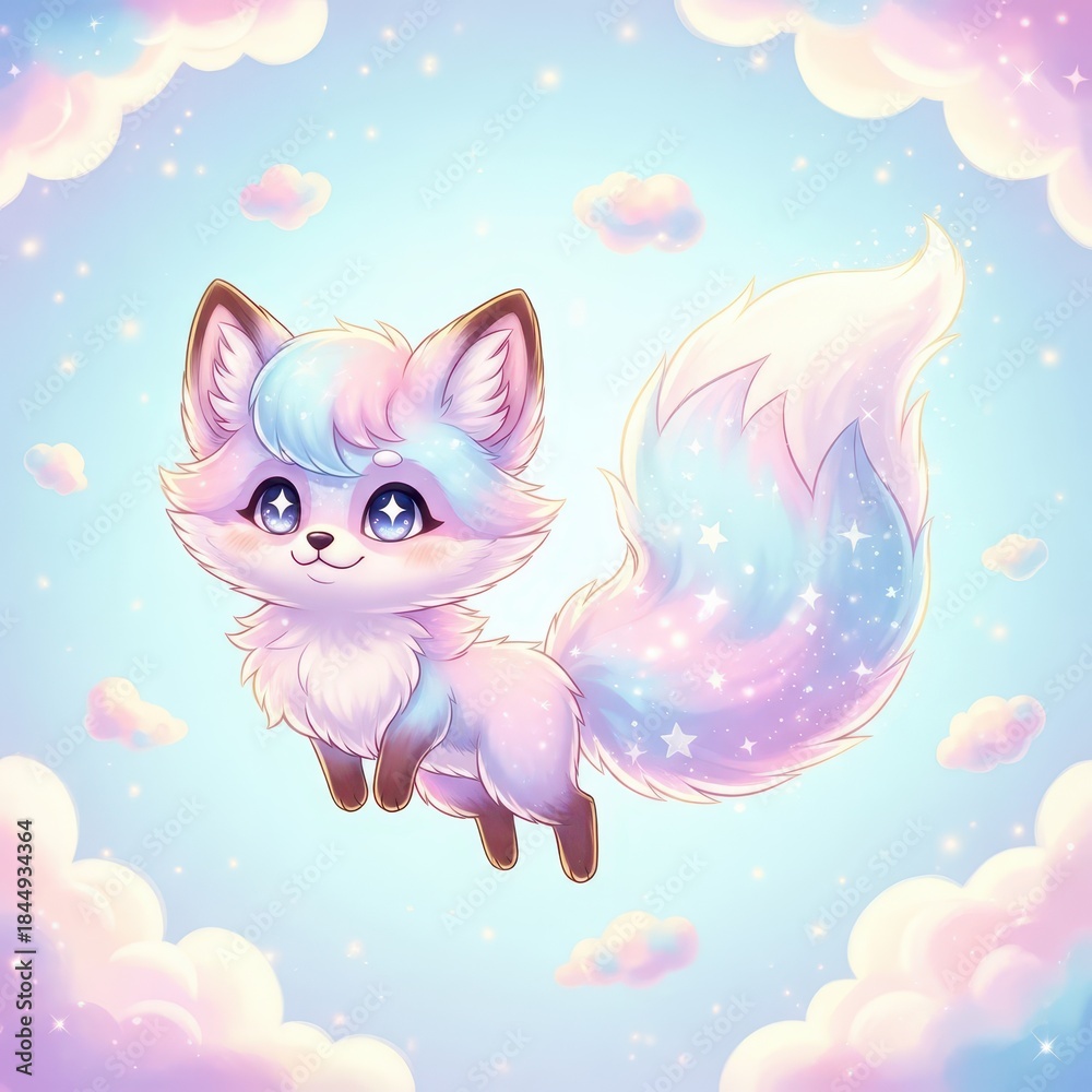 Obraz premium Adorable fantasy fox with pastel fur floats happily among starry clouds in a bright blue sky