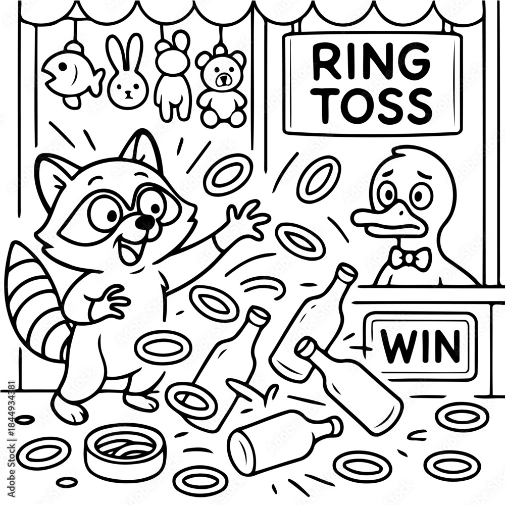 Obraz premium Ring Toss Fun Fair Game Illustration: A cheerful raccoon enthusiastically attempts the classic ring toss game, aiming to encircle the bottles, with a concerned duck observing the action. 