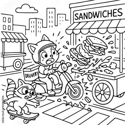 Oops! Delivery Mishap: An action-packed illustration captures a comical scene of a cat on a scooter experiencing a food delivery fail, with sandwiches flying and a surprised raccoon on a skateboard.