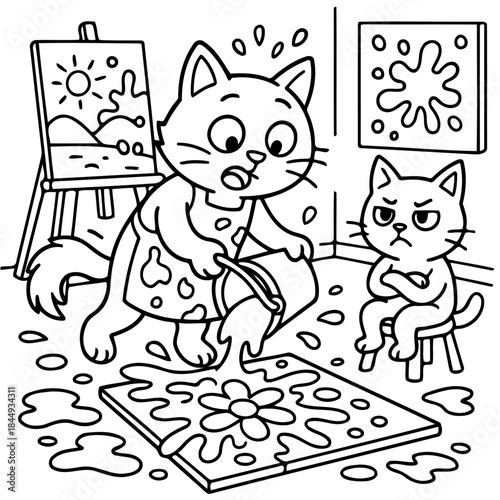 Artistic Catastrophe: A comical scene unfolds as a cat accidentally spills paint, creating a chaotic masterpiece, while another cat looks on with disapproval.