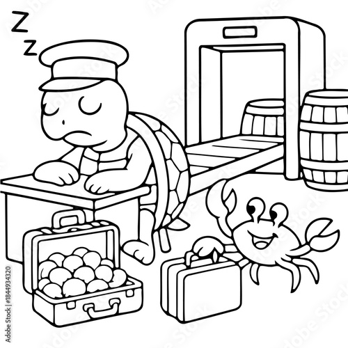 Tired Traveler at Airport Security: A whimsical scene unfolds as a turtle, dressed as airport security, slumbers at his post, while a cheerful crab, luggage in hand, patiently waits for inspection.