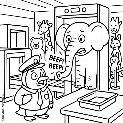 Security Checkpoint Mishap:  A cartoon-style scene unfolds at a security checkpoint, where an elephant triggers the alarm.