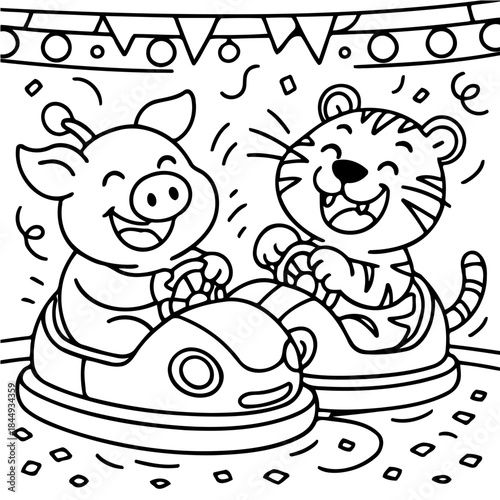 Whimsical Bumper Car Ride: A cheerful pig and tiger enjoy a spirited ride in bumper cars, surrounded by festive confetti and decorations, depicting the joy and excitement of a funfair.