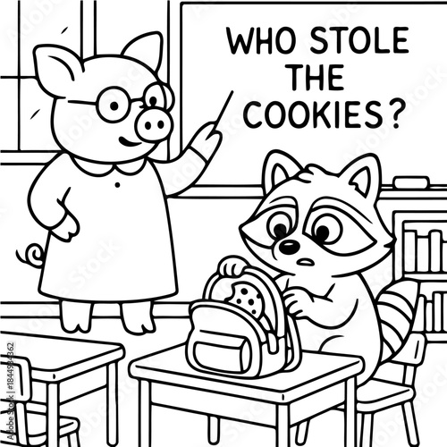 Cookies Detective: A pig teacher confronts a raccoon student in a classroom setting, a playful investigation unfolds with the question: Who Stole the Cookies?