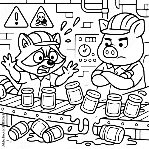 Factory Mishap: Cartoon depiction of a raccoon and a pig in a factory, highlighting the dangers of industrial work and the importance of safety measures.