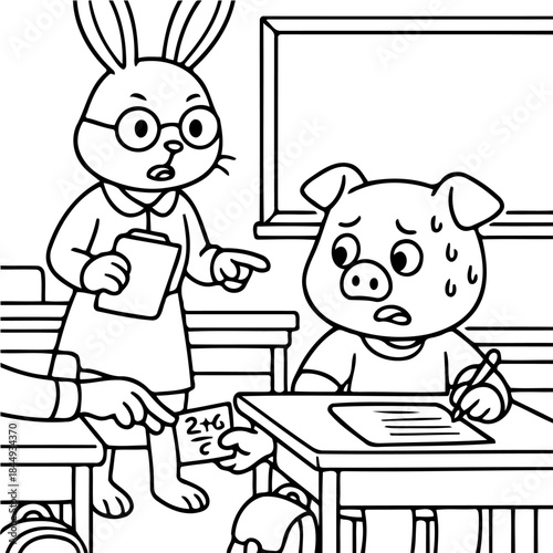 Classroom Dilemma: A concerned teacher, a worried pig, and a secret note revealing answers—a school scene illustrating the challenges and temptations of academics. 