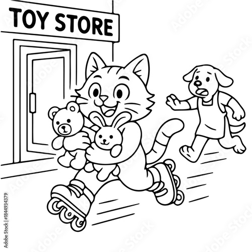Runaway from toy store: a playful scene unfolds as an animated cat, sporting roller skates, dashes from a toy store, cradling plush toys while a surprised dog gives chase