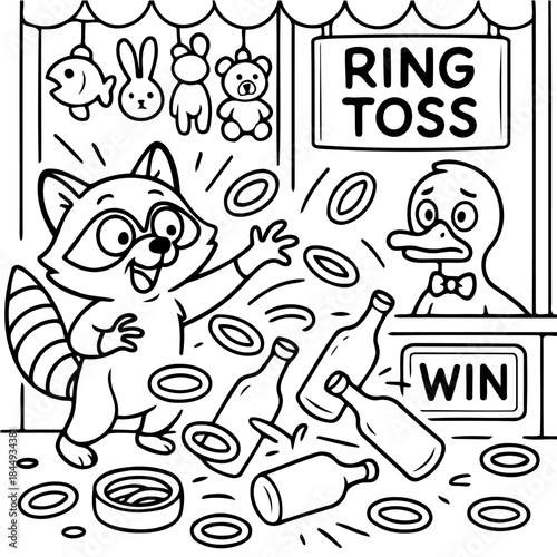 Ring Toss Fun Fair Game Illustration: A cheerful raccoon enthusiastically attempts the classic ring toss game, aiming to encircle the bottles, with a concerned duck observing the action. 