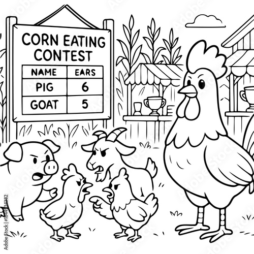 Corn Eating Contest: A humorous cartoon scene unfolds at a corn eating contest, featuring a competitive pig and goat vying for the top spot, while other farm animals look on in amusement.