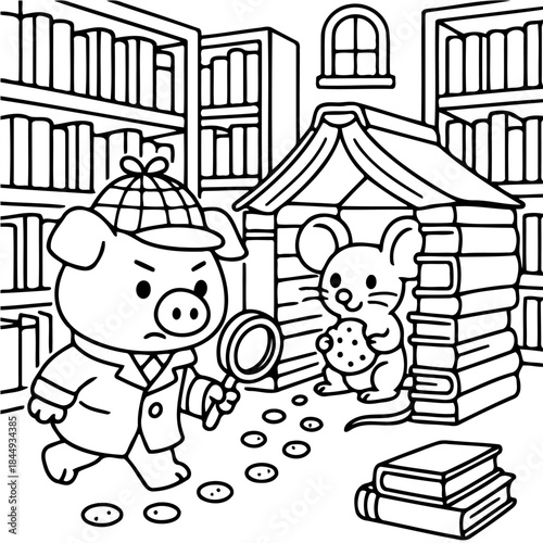 Detective Pig's Mystery Pursuit: A determined detective pig, equipped with a magnifying glass, investigates a curious scene, while a tiny mouse holds a treat near a charming book house.